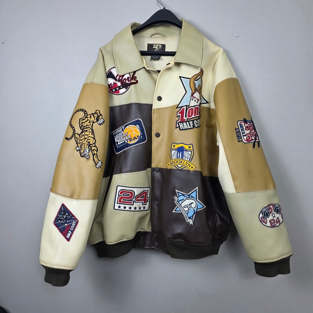 Raw Blue Y2K Mens Patches Bomber Jacket Sports Varsity Style 2XL